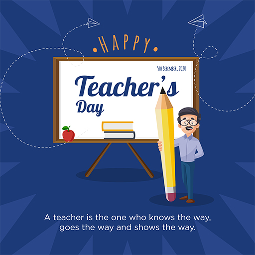 Happy Teacher’s Day teacher is holding a pencil banner design template