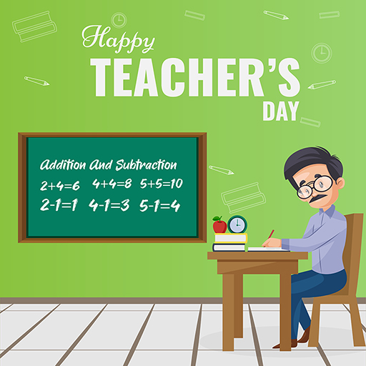 Happy Teacher’s Day banner design template teacher is checking notebooks in the classroom