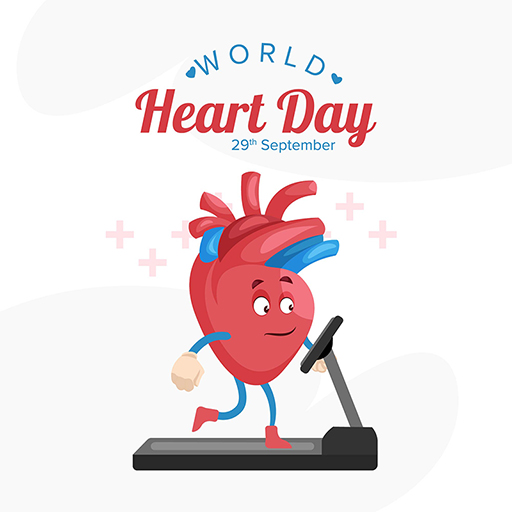 Banner design of World Heart Day with heart is running on a treadmill