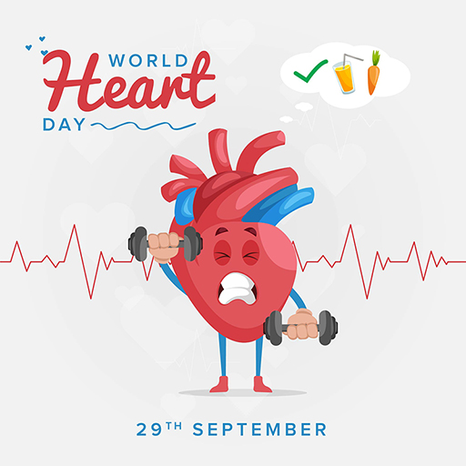World Heart Day banner design template of a heart is holding dumbbells