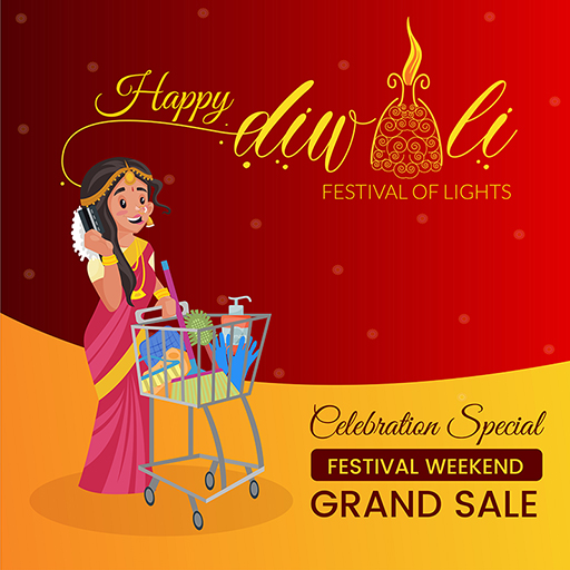Happy Diwali banner design with a woman holding atm and with a shopping cart for grand sale