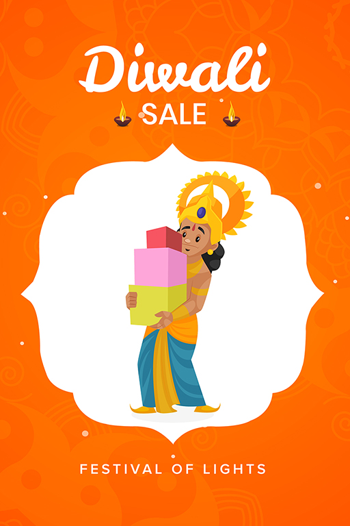 Happy Diwali banner design with Lord Rama holding festival gifts