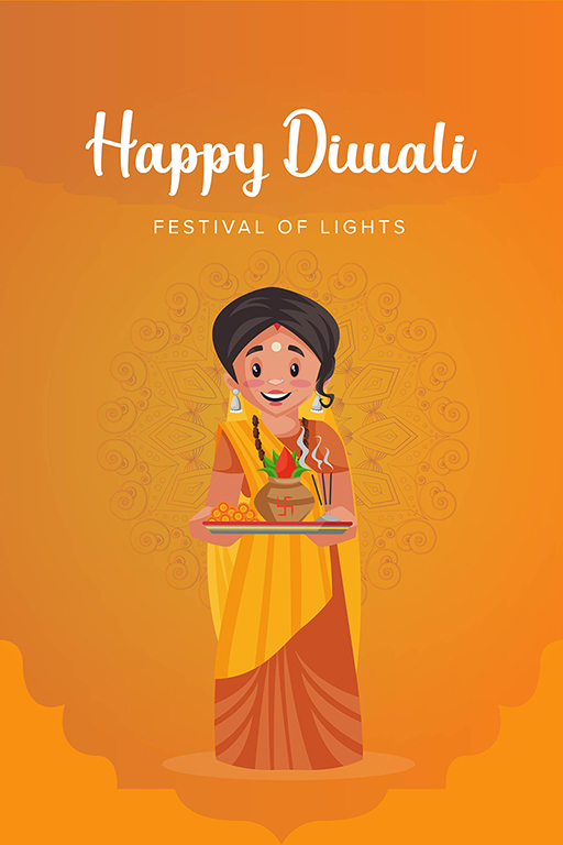 Happy Diwali banner design with a lady holding a worship plate