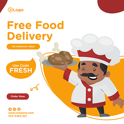Free food delivery banner design Chef is holding chicken leg piece plate in hand