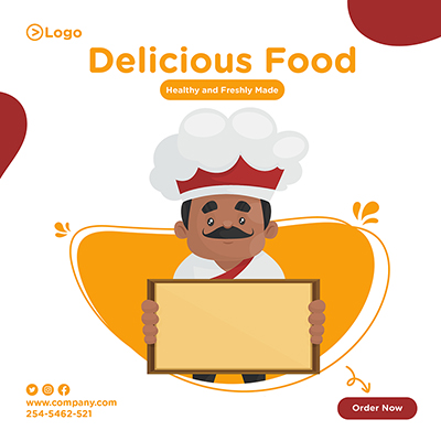 Delicious food banner design template chef is holding a board in hands