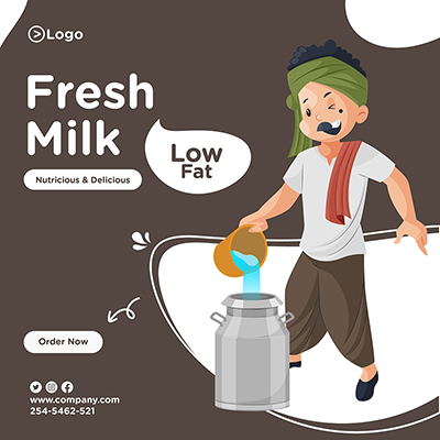 Fresh Milk Banner Design Template With a Milkman Mixing Water In Milk