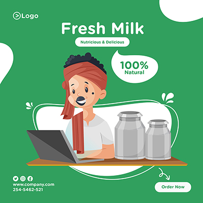Selling Fresh Milk Banner Design Milkman Is Working On Laptop
