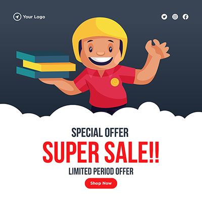 Shop Now Special Offer Super Sale Banner Design Delivery Boy is With Pizza Boxes