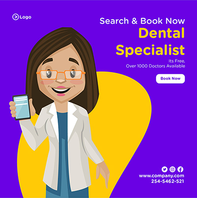 Banner Design Of Dental Specialist With Doctor is Showing a Mobile Phone
