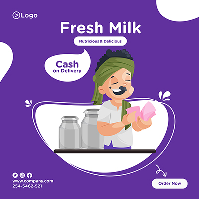 Banner Design Of Fresh Milk With a Milkman Is Counting Money