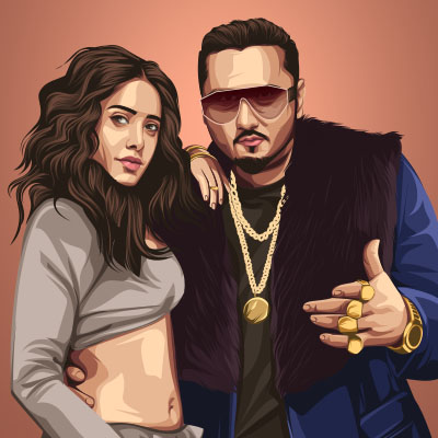 Singer & Rapper Yo Yo Honey Singh With Nushrat Bharucha Vector Illustration