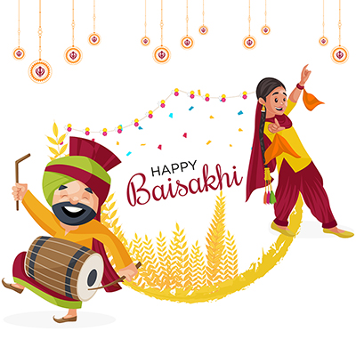 Happy Baisakhi banner design man and woman are dancing