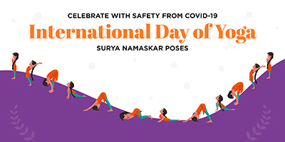 Banner design international day of yoga with surya namaskar poses