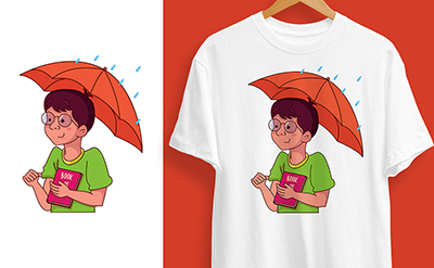 Boy under umbrella t-shirt design illustration