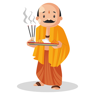 Indian pandit is holding a worship plate in hands