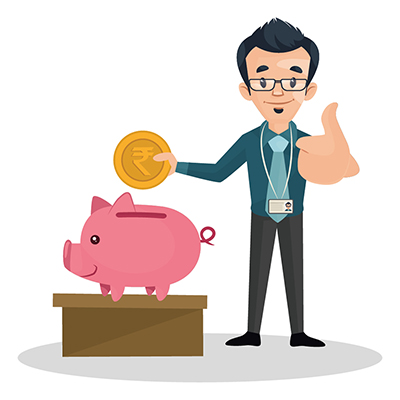 Banker is saving money in a piggy bank and showing thumbs up