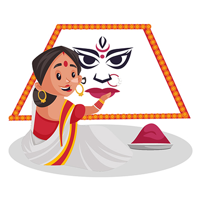 Indian Bengali woman is making goddess Durga face with rangoli