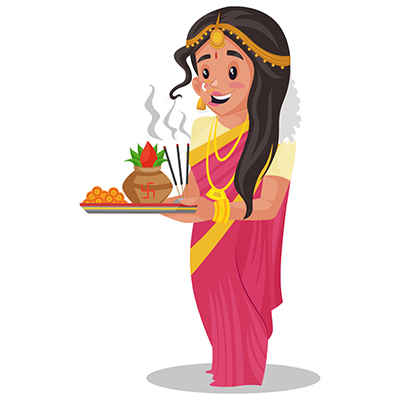 Indian Tamil woman is holding a worship plate in her hands