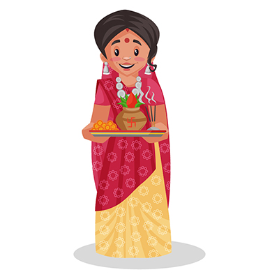 Indian woman is holding a worship plate in hands