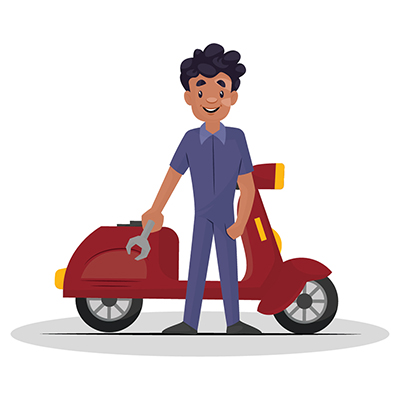Mechanic is holding wrench in hand and standing near a scooter