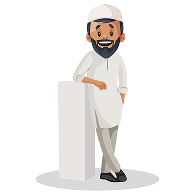 Muslim man is smiling and standing with a pillar