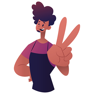 Salon man is happy and showing victory sign