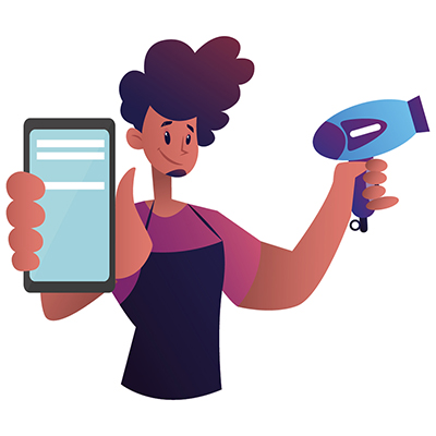 Salon man is holding a mobile phone and hairdryer in hands
