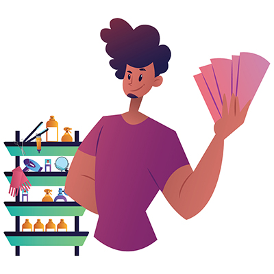 Salon man is standing with accessories and showing money