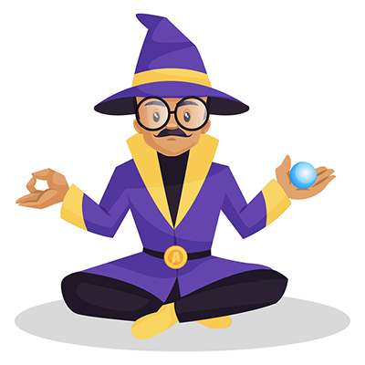 Astrologer is sitting and holding a crystal ball in hand
