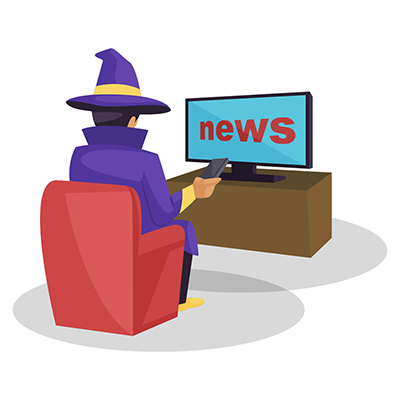 Astrologer is sitting on a sofa and watching television