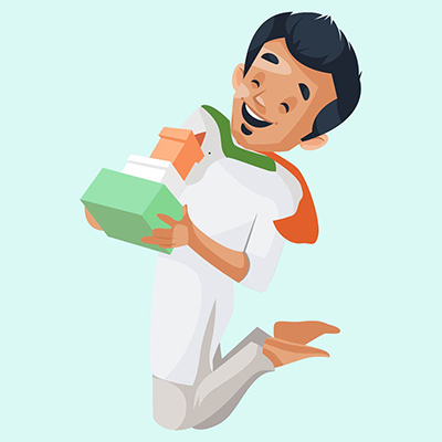 Boy is holding gift in hands and jumping