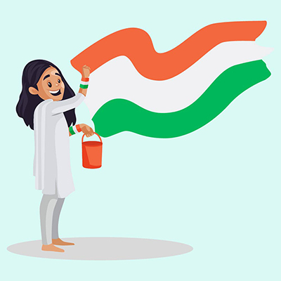 Girl is holding a color bucket and painting the Indian flag on a wall
