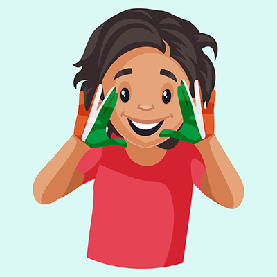 Girl is smiling and showing colored hands
