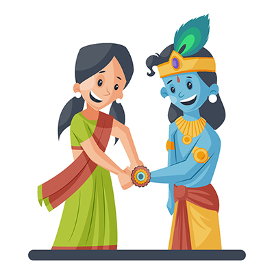 Girl is tying rakhi to Lord Krishna