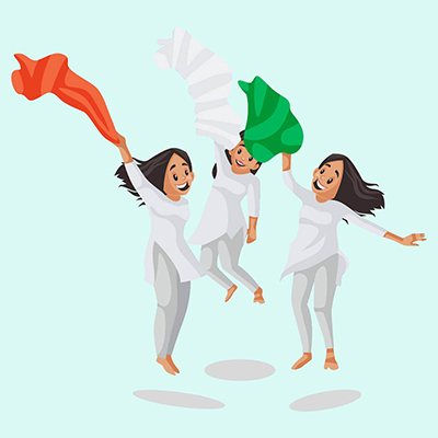 Girls are jumping and waving the colored scarf