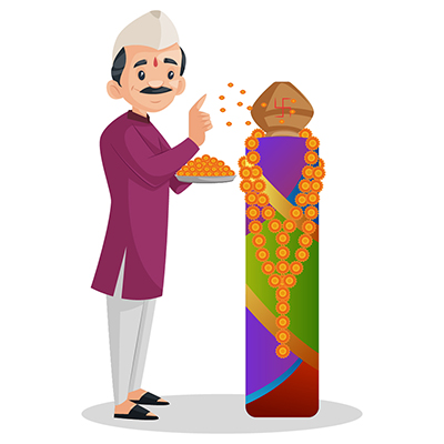 Indian Marathi man is holding flowers plate and worship
