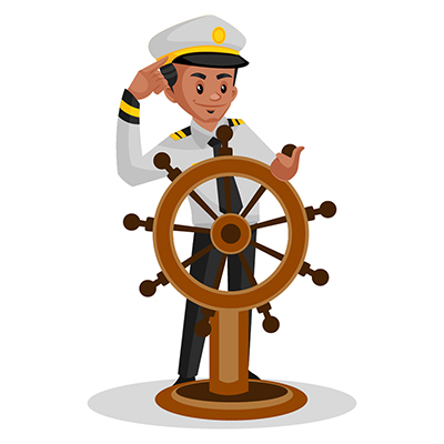 Indian sailor is holding the steering wheel of the ship