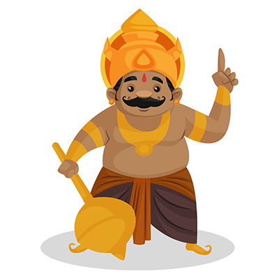 Kumbhakarna is holding a mace in hand and pointing a finger