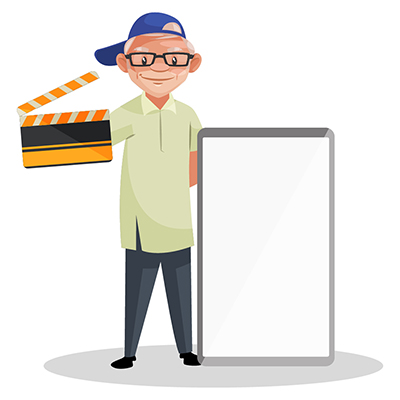 Movie director is holding clapperboard and standing with a whiteboard Movie director is holding clapperboard and standing with a whiteboard