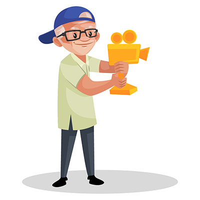 Movie director is holding the golden camera award in hands