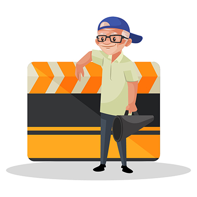 Movie director is standing with a clapperboard and holding megaphone