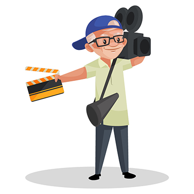 Movie director is wearing a megaphone and holding camera and clapperboard