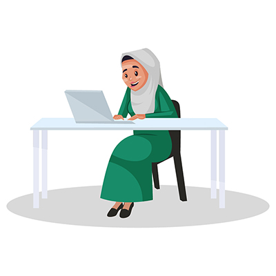 Muslim woman is sitting on chair and working on a laptop
