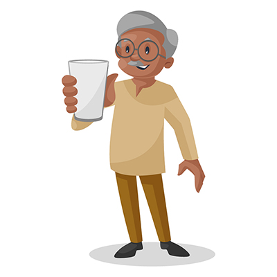 Old man is showing the glass of milk