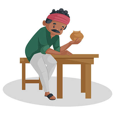 Potter is showing an earthen pot on the table Potter is showing an earthen pot on the table
