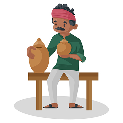 Potter is sitting on a table and showing an earthen pot