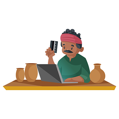 Potter is working on a laptop and holding an ATM card in hand