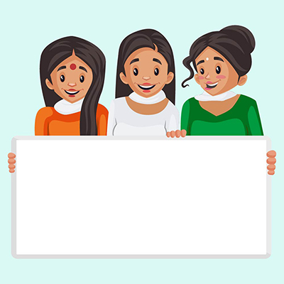 Women are holding the whiteboard in hands