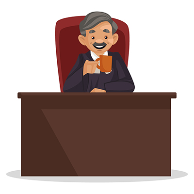 Male judge is sitting in the courtroom and drinking tea