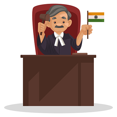 Male judge is sitting on a chair and holding a hammer and flag in hands